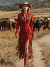 Western Style Vintage Embroidered Red Fringed Faux Suede Midi Dress