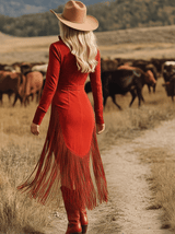 Western Style Vintage Embroidered Red Fringed Faux Suede Midi Dress