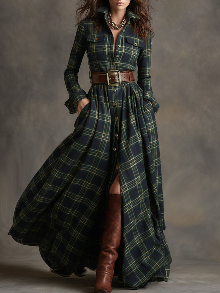 Retro Ethnic Style Lapel Reddish Brown Plaid Maxi Dress