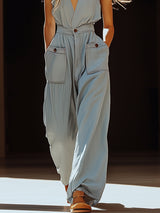 【24-hour shipping out】Casual Retro Gray-blue Tencel Denim Pocket Overalls