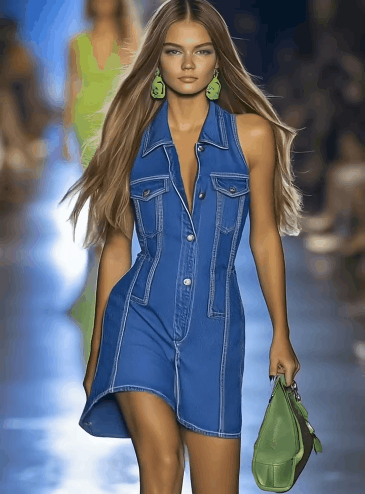 【24-hour shipping out】Premium Denim V-Neck Zipper Mini Dress