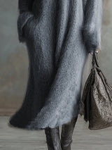 Comfortable Lazy V-neck Gray Imitation Rabbit Fur Knitted Long-sleeved Maxi Dress