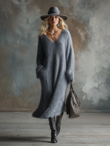 Comfortable Lazy V-neck Gray Imitation Rabbit Fur Knitted Long-sleeved Maxi Dress