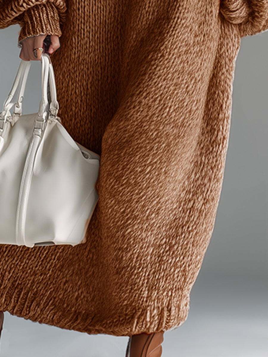 Elegant Urban Silhouette Round Neck Heathered Khaki Knitted Maxi Dress