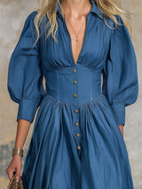Stylish Blue Denim V-neck Button-down With Flared Hem Maxi Dress