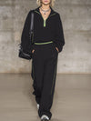 Stylish Black Pure Cotton Half-zip Sweatshirt And Wide-leg Pants Set.