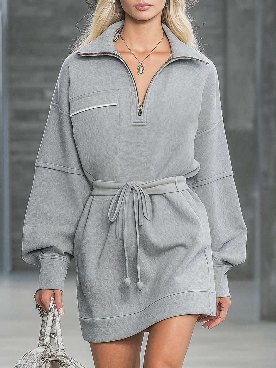 Casual Grey Sweatshirt-styleWith Half-zip And Elasticated WaistMini Dress