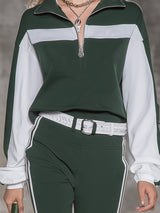 Casual Green And White Color-blocked Half-zip Sweatshirt And Flared Pants Set.