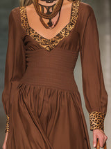 Stylish Brown Midi Dress With V-neck And Leopard Print Detailing At The Waist