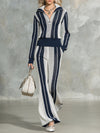 Stylish Blue And White Striped Knit Half-zip Top And Flared Pants Set