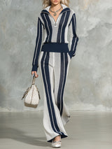 Stylish Blue And White Striped Knit Half-zip Top And Flared Pants Set