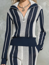 Stylish Blue And White Striped Knit Half-zip Top And Flared Pants Set