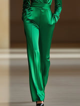 【24-hour shipping out】Retro Fashion Loose V-neck Green Satin Wide-leg Jumpsuit