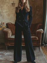 【24-hour shipping out】Retro Fashion Navy Lapel Corduroy Double-breasted Blazer and Wide-leg Pants Two-piece Set