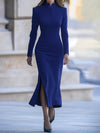 【24-hour shipping out】Fashion Retro Solid Color Stand Collar Button Detail Long Sleeve Slim Midi Dress