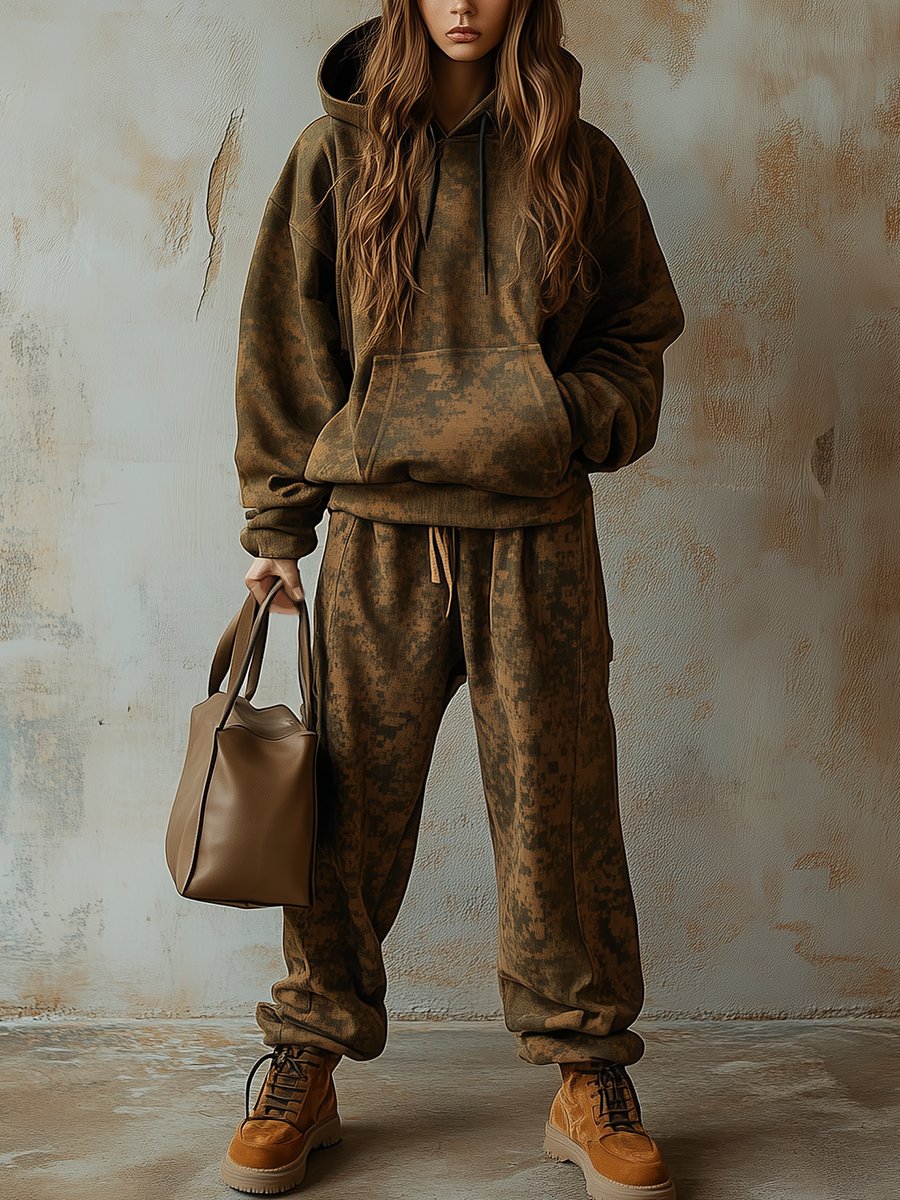 【24-hour shipping out】Fashion Retro Hooded Camouflage Sweatshirt and Leggings Two-piece Suit