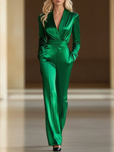 【24-hour shipping out】Retro Fashion Loose V-neck Green Satin Wide-leg Jumpsuit