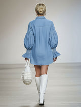 Lapel Collar Single-breasted Dropped-shoulder Puff-sleeved Denim Mini Dress
