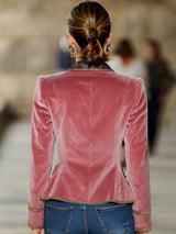 Pink Velvet Collar Lace And Gold Ribbon Blazer