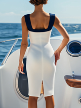 【24-hour shipping out】Summer Vacation Navy Blue Square Collar Button White Knitted Midi Dress