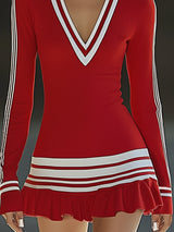 【24-hour shipping out】Fashionable Sports White Striped Red V-neck Long Sleeve Mini Dress