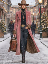 Lapel Single-breasted Velvet And Leopard Print Coat